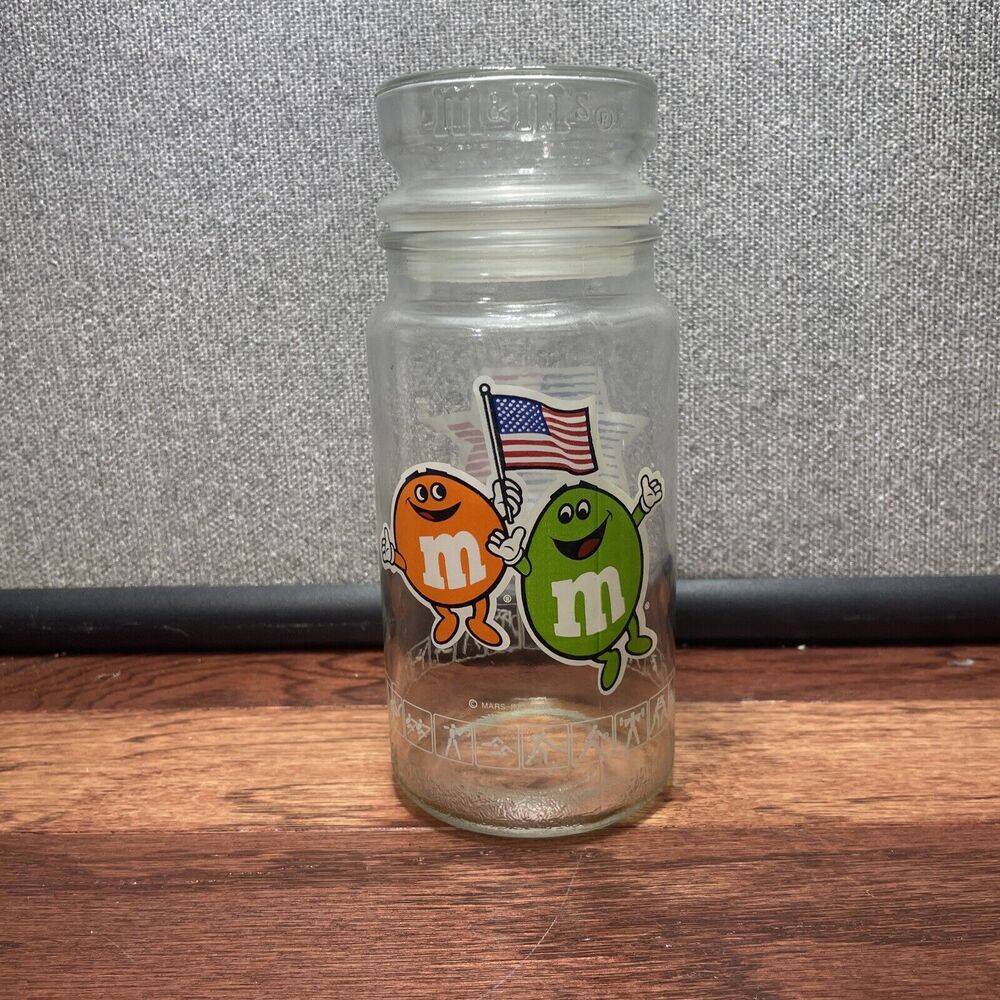 Vintage 1980s M&M Collectible Glass Candy Jar With Lid LA Olympics 1984